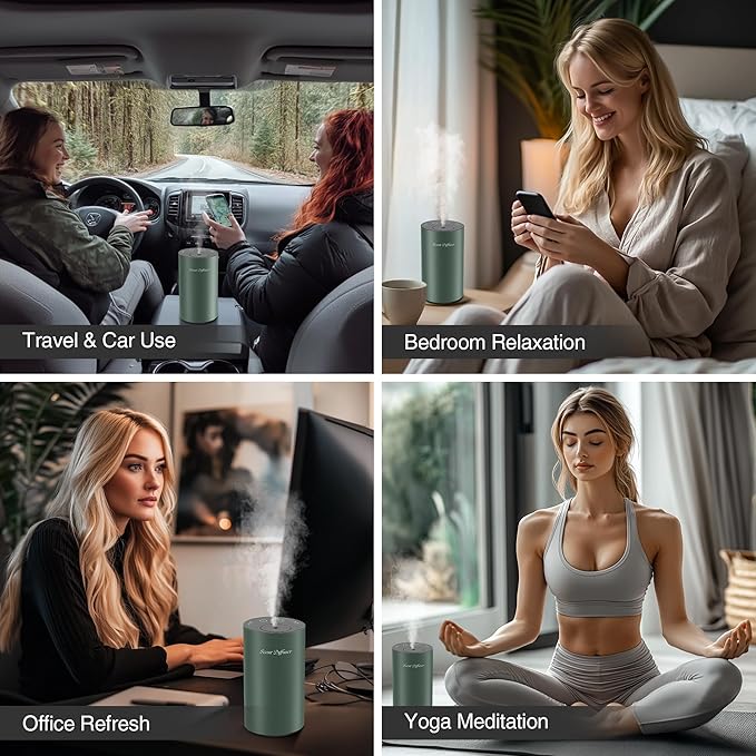 Waterless Essential Oil Diffuser Starter Kit - No Water Needed, Battery Operated Mini Scent Air Machine, Included 3x20ML Essential Oils, Portable Aromatherapy Diffuser for Home & Car & Office, Green