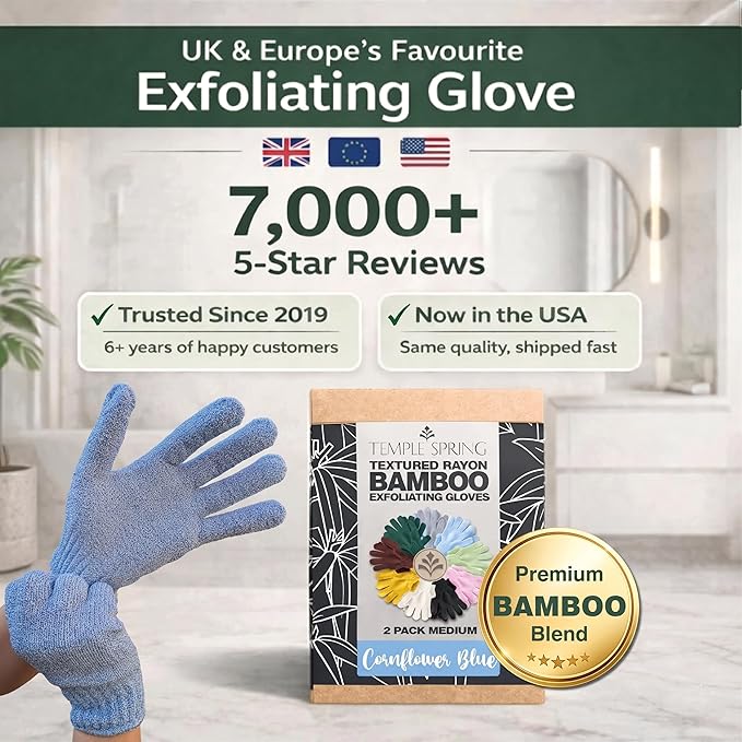 Temple Spring Shower Gloves Exfoliating for Women – Natural Textured Rayon Bamboo Exfoliating Glove with Thicker Weave for Deep Cleansing, Dead Skin Removal & Smooth Radiant Skin (1 Pair, Blue)