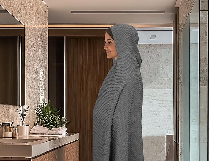 COTTON CRAFT Hooded Bath Towel – Oversized 35 x 70 Waffle Weave Towel with Hood for Adults - 100% Ringspun Cotton Pool Bath Sheet Wrap with Hood - Soft Super Absorbent Quick Dry – 450 GSM – Grey