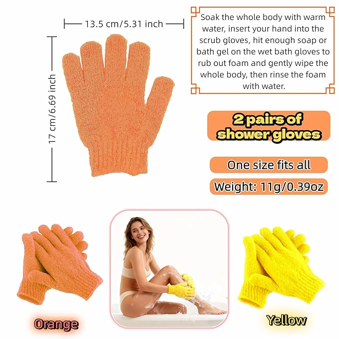 Exfoliating Shower Gloves, 2 Pairs Reinforced Nylon Bath Scrubbing Mitts, Orange and Yellow, One Size Fits All, Body Cleansing Massage