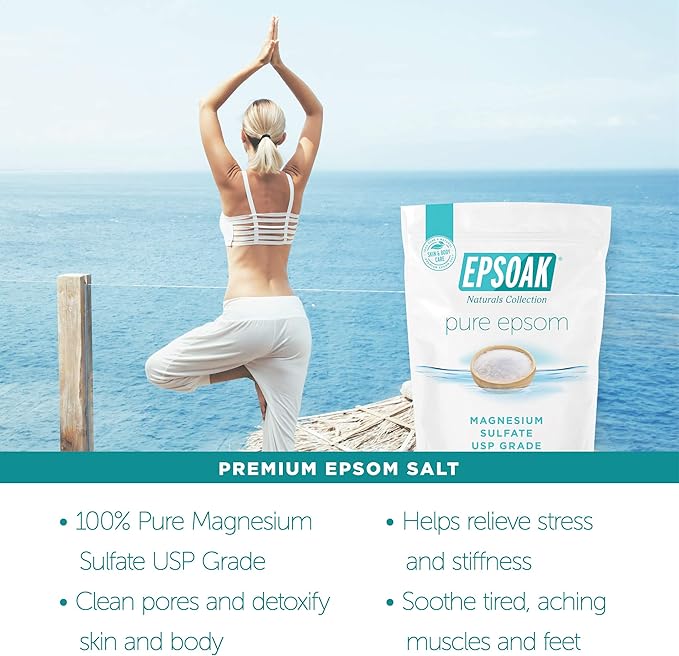 Epsoak Epsom Salt 2 lb. Magnesium Sulfate USP. Resealable Epsom Salt Bag Unscented, Made in The USA, Cruelty-Free Certified