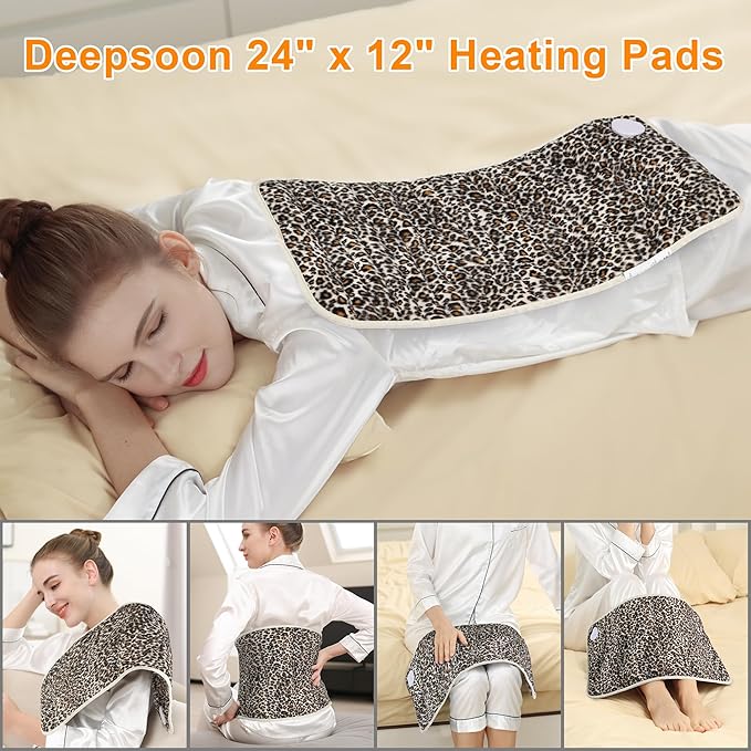 Deepsoon Heating Pad,Electric Heating Pads for Back,Neck,Moist Heating Pad for Abdomen Shoulder Knee Legs,Dry/Moist Heat&Auto Shut Off,Mother's Day Birthday for Men and Women,Leopard Print,24x12 Inch