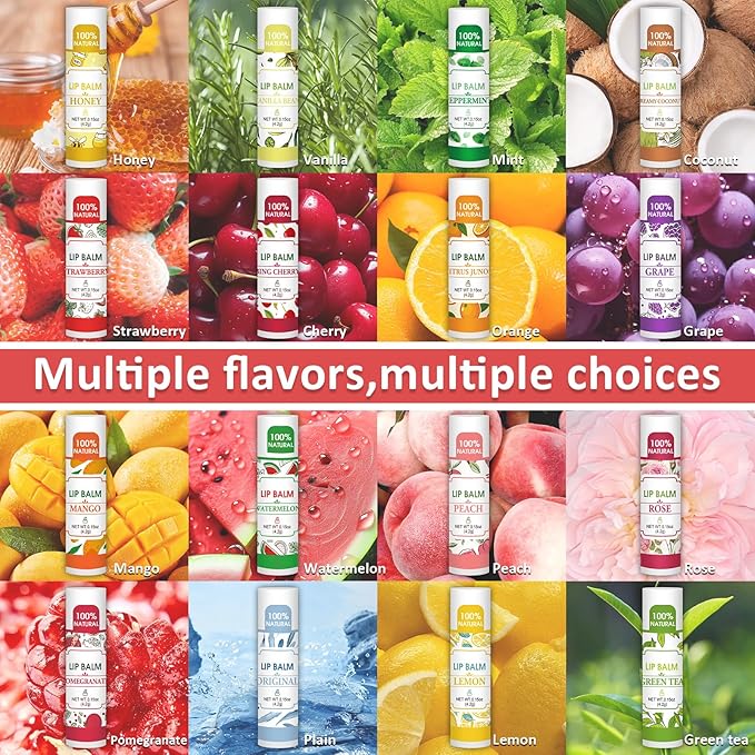 VISRIE 64 Pack Lip Balm, Natural Lip Balm Bulk with Vitamin E and Coconut Oil, Bulk Moisturizing Lip Balms for Dry Lips-16 Flavors