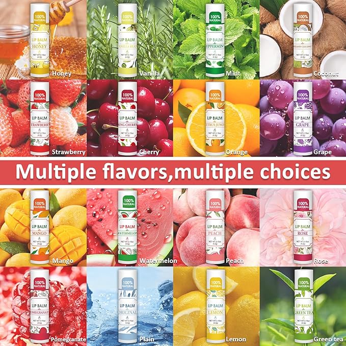 VISRIE 16 Pack Lip Balm, Natural Lip Balm Bulk with Vitamin E and Coconut Oil, Bulk Moisturizing Lip Balms for Dry Lips-16 Flavors