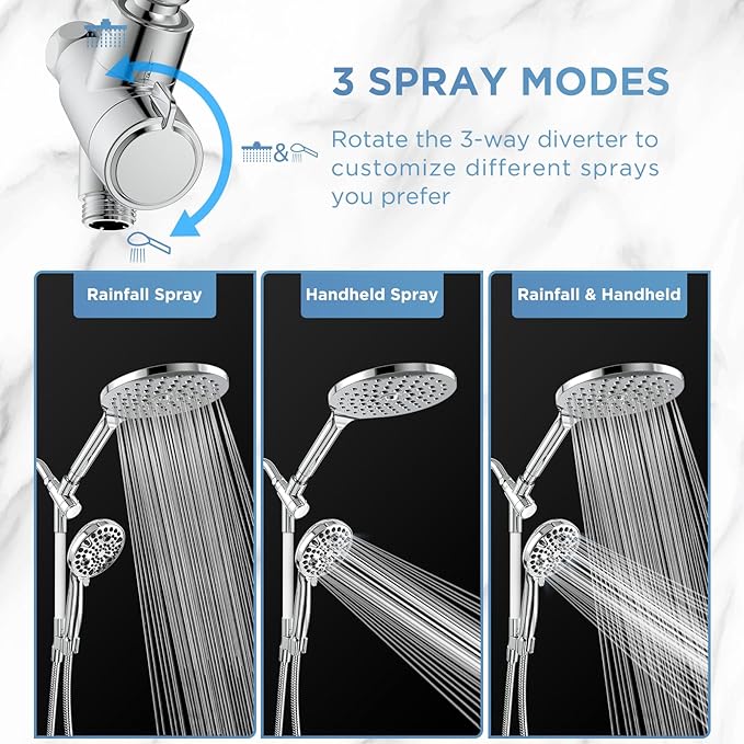 MakeFit Dual Handheld Shower Head Combo, 2-in-1 Rain Shower Heads System 8 Inch Rainfall Shower Head and 10 Modes High Pressure Hand Held Showerhead with Built-in Power Wash