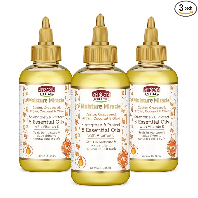 African Pride Moisture Miracle 5 Essential Hair Oils with Vitamin E (Pack of 3) | Moisture, Shine, Protection, and Growth | Argan, Castor, Grapeseed, Coconut, and Olive Oil | 4 oz