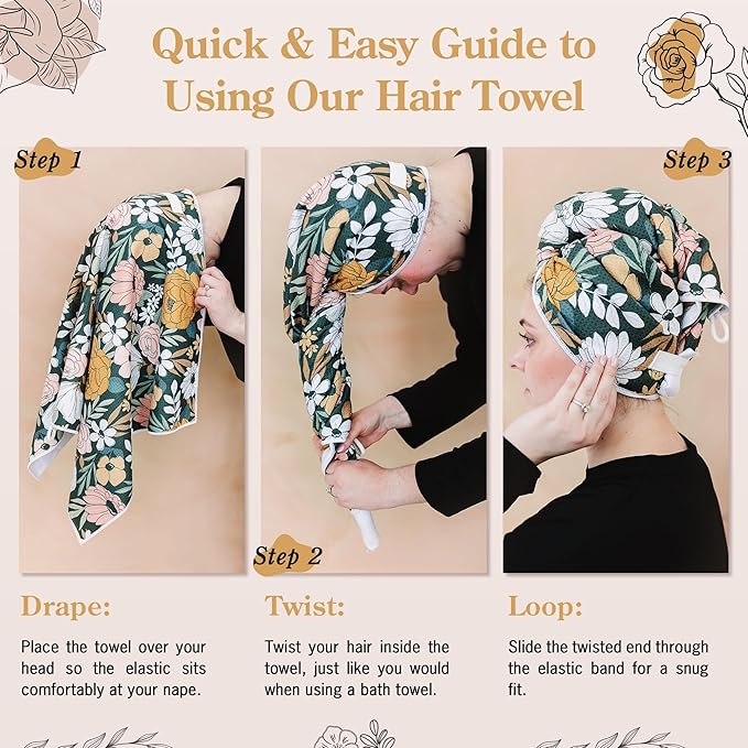 Microfiber Hair Towel Wrap for Women - Anti-Frizz Quick Dry Hair Wrap for Long Hair - Hair Towels for Women, Hair Drying Towel Wrap-Teal Butterfly Floral