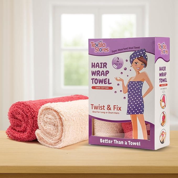 Textila 100% Cotton Hair Wrap Towels for Women (Pack of 2, Raspberry & Pink) – Soft & Absorbent Turban Towels for Long, Curly, Frizz-Prone Hair