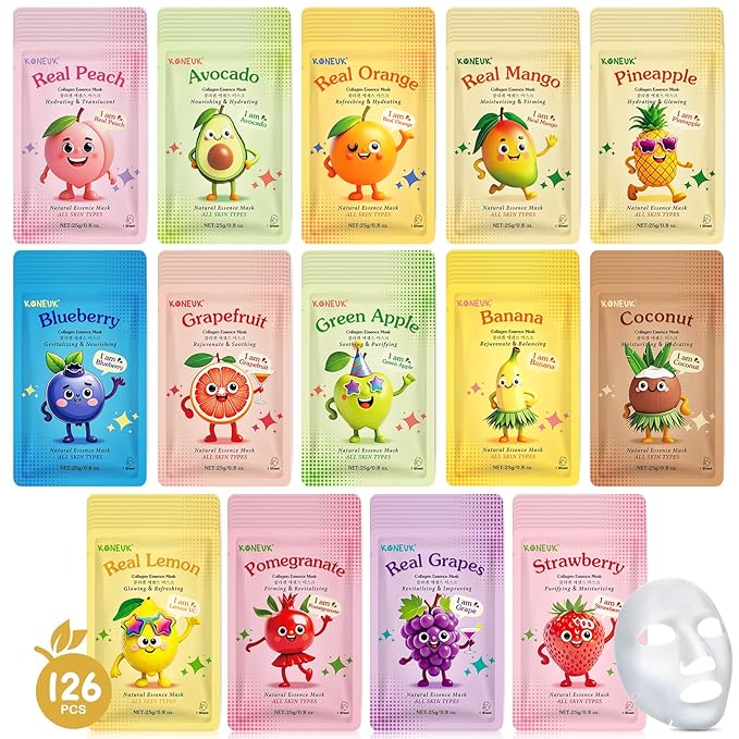 KONEUK 126 Pack Sheet Hydrating Face Masks Skincare for Women, Bulk Fruit Face Mask Skin Care for Kids, Facial Masks Set for All Skin Types, Mothers Day Gifts, Spa Party Supplies for Girls Teens