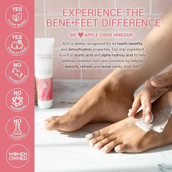 Benefeet Scrub-A-Dub Cooling Foot Scrub - Exfoliates + Refreshes Dry + Dull Skin, Get Smoother Skin from Heel to Toe, Made w/Vitamin E, Apple Cider Vinegar, Walnut Shell + Apricot Seed, 4 oz (2 Pack)
