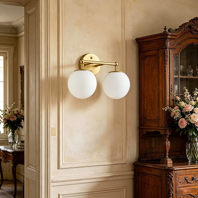 AKEZON Gold Bathroom Light Fixtures, 2-Light Vanity Lights Over Mirror Wall Sconce with Milky White Frosted Glass Shade, Mid Century Farmhouse Vanity Lighting for Bedroom Hallway