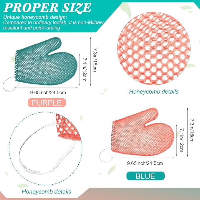 Karenhi 2 Pcs Honeycomb Exfoliating Glove Bath Mitt Body Spa Scrubber, Honeycomb Exfoliator Glove for Body Shower, Scrubber Sponge Shower Loofah, Quick Drying(Green,Pink)