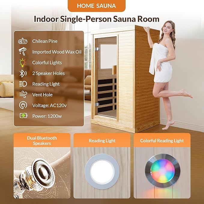 OUTEXER Infrared Sauna Home Sauna Spa Room Chilean Pine Wood 1200W Indoor Saunas Low EMF 110V with 7 Color Light
