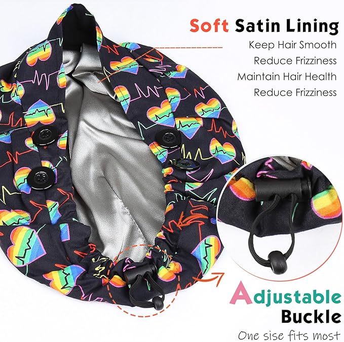 2 Pack Satin Lined Bouffant Scrub Caps with Buttons, Adjustable Scrub Caps for Women Men