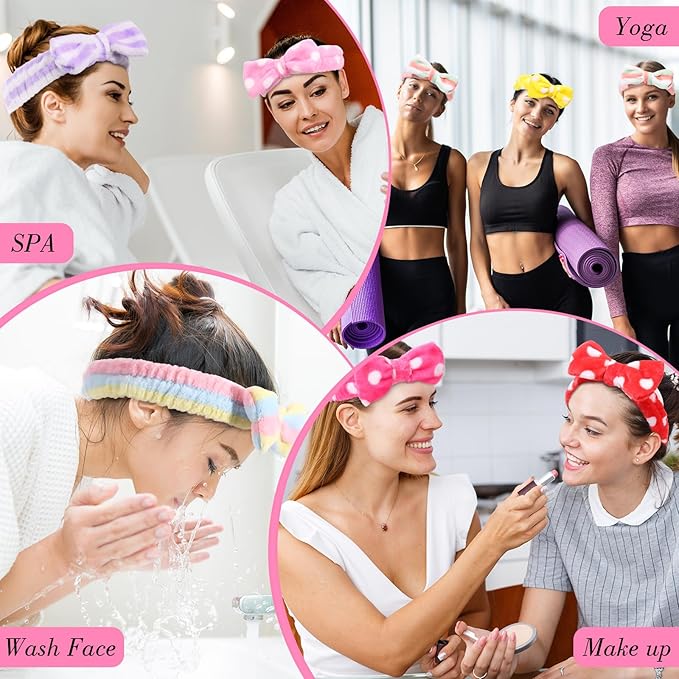 WILLBOND 24 Pieces Spa Headband Bulk Skincare Headbands Face Wash Makeup Hairband Bow Facial Washing Face Head Wraps Adjustable Soft Flannel Towel for Women Shower (Vivid)