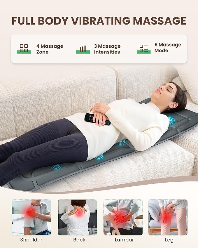 Heycool Full Body Massage Mat with Heat, Vibration Back Massage Pad for Chair, Bed, Sofa, Back Massager, Massage Chair Pad, 10 Vibration Motors& 2 Heating Levels