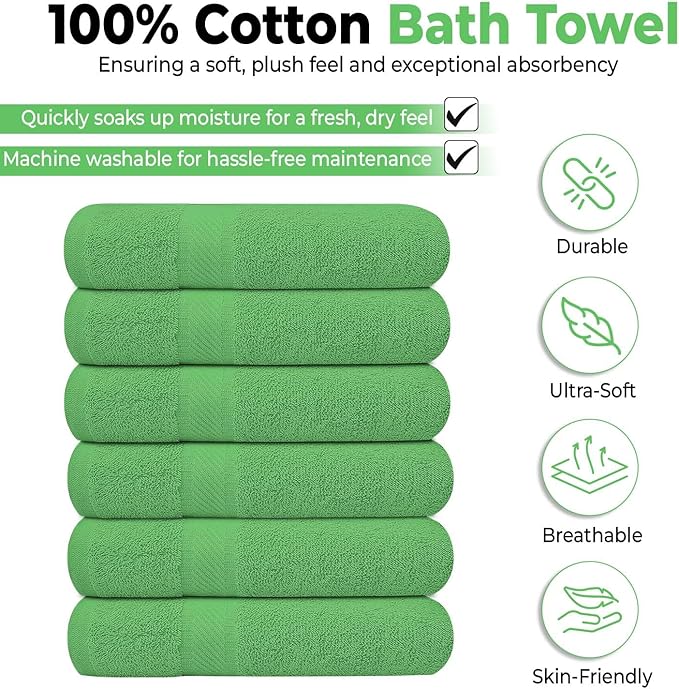 KAHAF COLLECTION 6 Pack Bath Towels Set (27 x 54 Inches) 100% Ring Spun Cotton, Lightweight, Quick Dry, Highly Absorbent Towels (Light Green, (27x54) Inches)