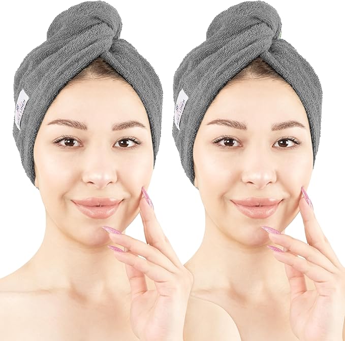 American Soft Linen 100% Cotton Hair Towels for Women, Head Towel Cap, Cotton Hair Turban Towel Wrap for Long Curly Anti Frizz Hair, Soft and Absorbent Cotton Hair Towels 2 Pack, Dark Gray