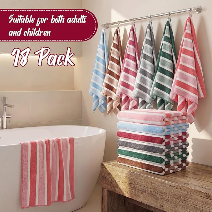 SmoothNovelty 18 Pack Microfiber Bath Towels Bulk 27'' x 60'' Oversized Size Bath Towel Highly Absorbent Extra Large Soft Drying for Beach Shower Summer Salon Sport Gym Party (Stripes,Neutral)