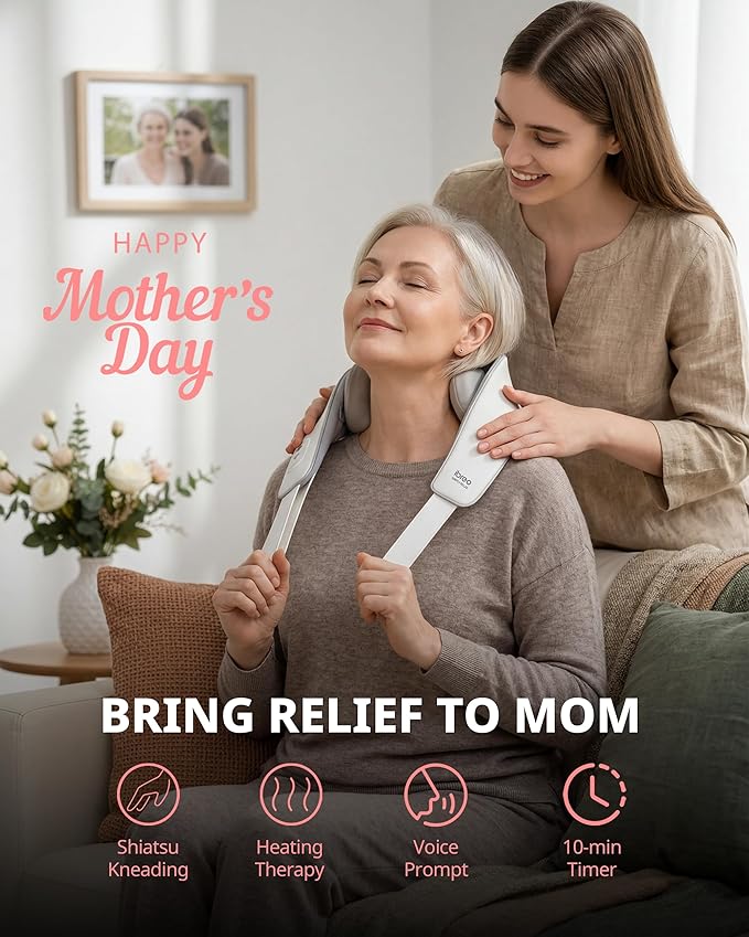 Cordless Shiatsu Neck and Back Massager with Heat, 10 Mins x 12 Use, 3 Massage Modes & 2 Intensity Levels, Mother’s Day Gift for Mom, 3D Kneading Deep Tissue, Voice Prompt for Pain Relief &Relaxation