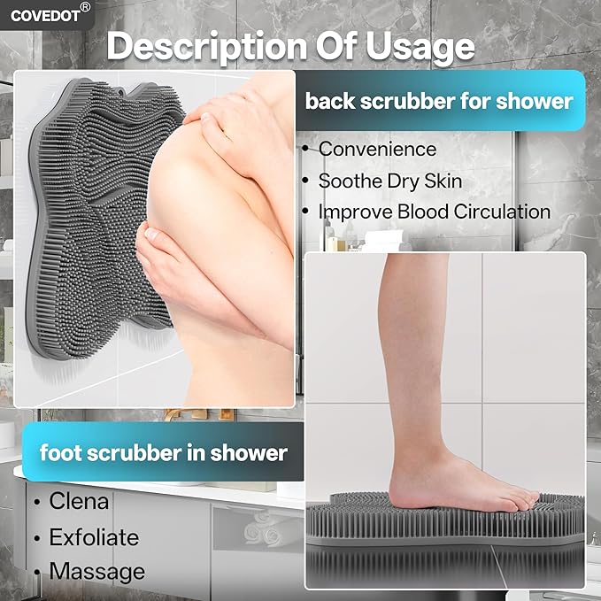 Dual-Sided Silicone Shower Foot Scrubber Mat – Foot Scrubber in Shower for Deep Cleaning & Exfoliation | Wall-Mounted Shower Foot Scrubber Mat & Back Cleaner for Men and Women(Blue, Standard)