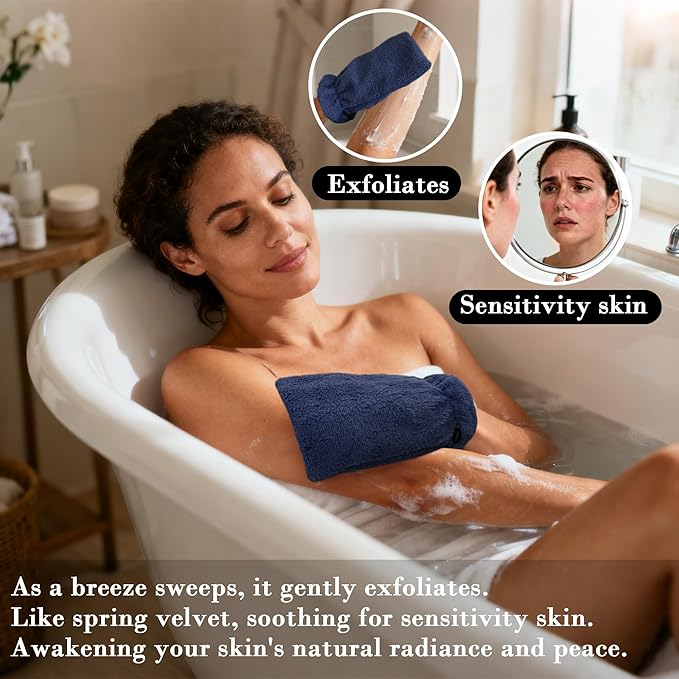VOOVA & MOVAS 6-Pack Bath Mitts for Shower, 100% Cotton Soft Absorbent Wash Cloths with Hanging Loop, 8.3x6.3 Inch European Style Bathing Gloves for Body & Spa, Navy