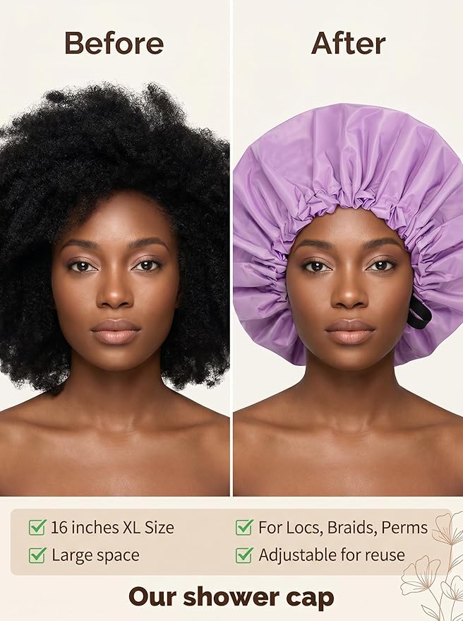 Aquior Shower Cap,Extra Adjustable Shower Caps for Women Double-Layer Waterproof Reusable Hair Cap, Large Size Hair Cap for All Hair,for Girls Spa Bath,Soft and Comfortable (Purple)