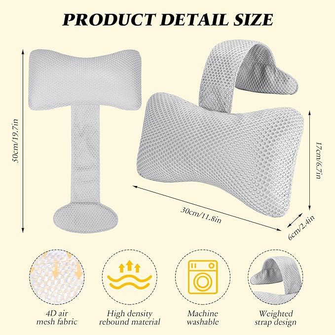 Hot Tub Pillow (2-Pack)，Bath Pillow for Headrest，Universal Spa Pillow Height Adjustable Chaise Lounge Pillow for Bathtub（Grey）