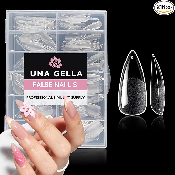 UNA GELLA Medium Stiletto Gel Nail Tips Full Cover 216Pcs Almond Shape Nails Tips Stiletto Pre etched Soft Gel Nails Clear Fake False Nail Tip For Home Art Salon 12 Sizes