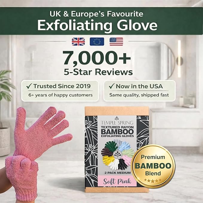Temple Spring Shower Gloves Exfoliating for Women – Natural Textured Rayon Bamboo Exfoliating Glove with Thicker Weave for Deep Cleansing, Dead Skin Removal & Smooth Radiant Skin (1 Pair, Pink)
