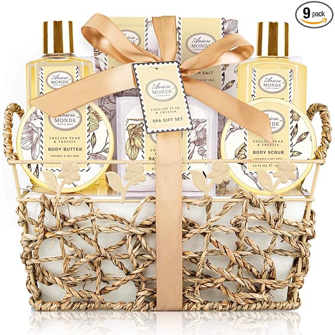 Bath & Shower Spa Gift Basket Set, with English Pear & Freesia Fragrance Bath Gift Basket for Women & Men Includes Body Lotion, Shower Gel, Bath Salts, Bubble Bath, Body Scrub and More, 9 Pcs