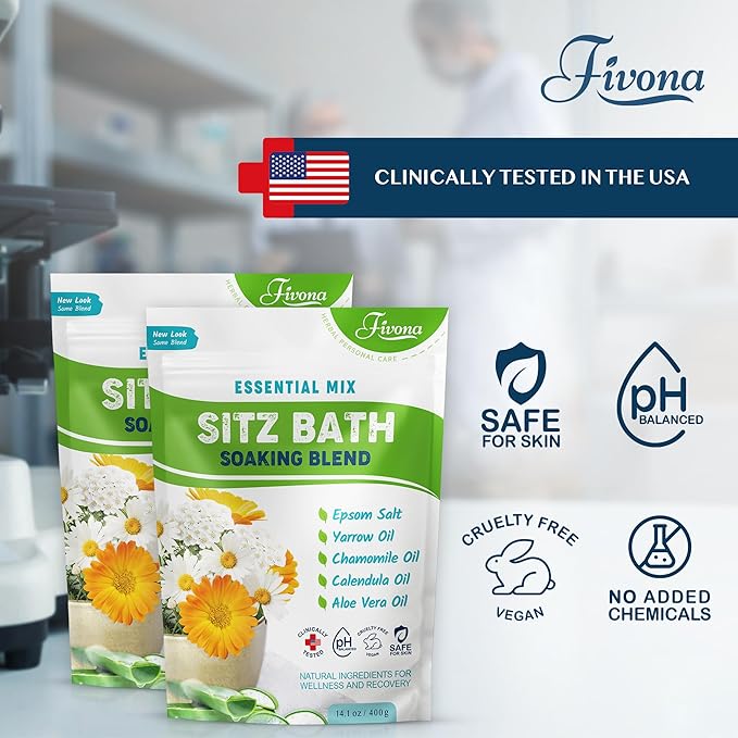 Fivona All Natural Sitz Bath Soaking Blend - Epsom Salt with Pure Essentials Oils - for Hemorrhoid, Fissure, Postpartum Care, Bartholin Cyst Treatment - Essential Mix - 2 Pack (14.1 oz Each)
