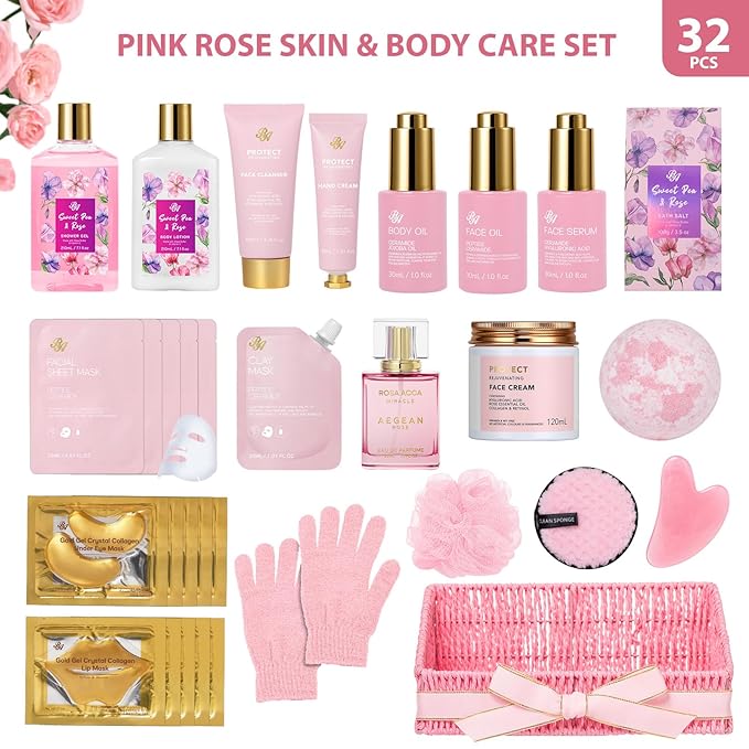 32 Pcs Mother's Day Gift, Rose Bath and Body Gift Basket for Women, Hydrating Facial Skin Care Set, Self Care Pampering Kit, Women Home Spa Basket Set, Birthday, Anniversary, Wife