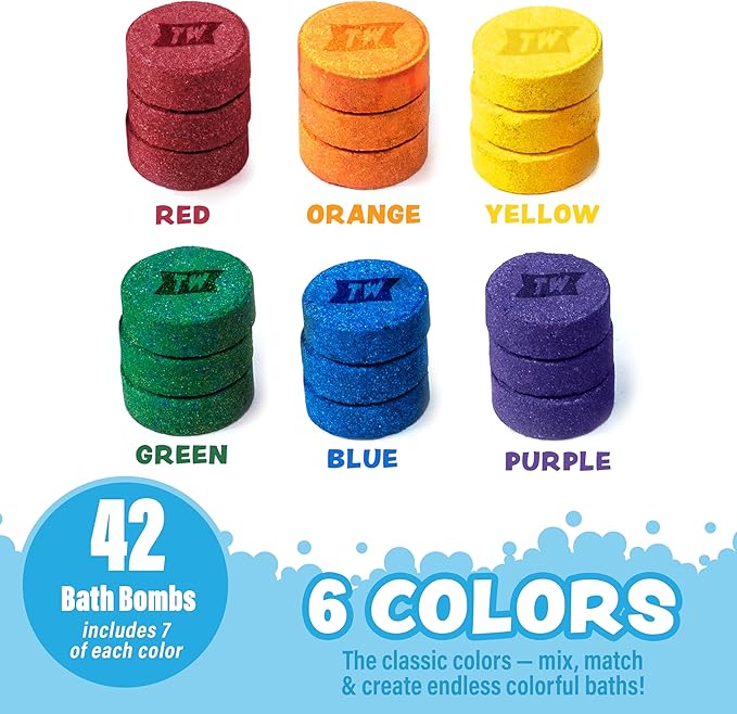 Tub Works® Bath Color Pops™ Moisturizing Kids Bath Bombs, 42 Count | Bath Bomb Refills for Bath Color Brush | Nontoxic & Fragrance-Free | 6 Unique Colors | Fizzy, Vibrant Water Color Tablets
