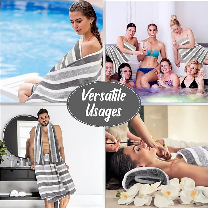 SmoothNovelty 16 Pack Microfiber Bath Towels Bulk 27'' x 60'' Oversized Size Bath Towel Highly Absorbent Extra Large Soft Drying for Beach Shower Summer Salon Sport Gym Party (Stripes,Grey)