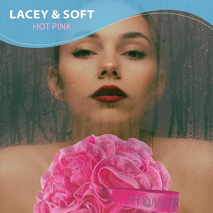 Loofah-Bath-Sponge Hot-Lacey-Mesh // 4-Steamy-Lace-Colors by Shower Bouquet / 2-Scrubs-in-1 Large Full 60g Pouf Body Luffa Loofa Loufa Puff - Exfoliate, Cleanse Skin with Luxury Bathing Accessories