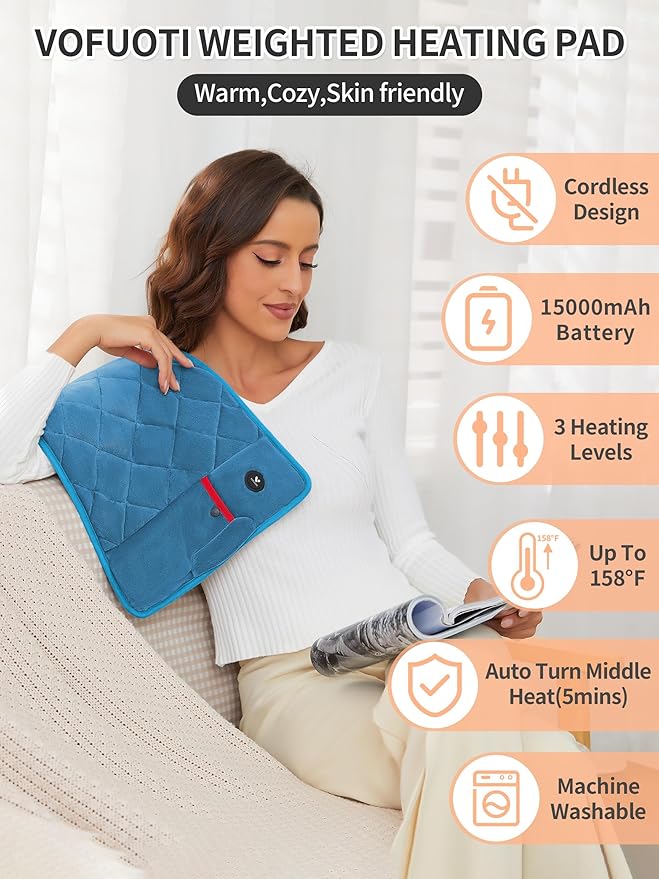 Vofuoti Portable Heating Pad, Cordless Weighted Heating Pads with Battery and 3 Heat Settings, Electric Heated Pad for for Back, Abdomen, Neck & Shoulder, Women Men, 12" x 24" (Blue-Pro, 12"x24")