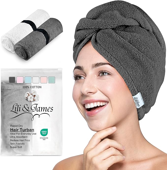 Cotton Towel Wrap for Women/Kids | Quick Dry, Soft & Absorbent 420-GSM Wrap With Double Button | Anti Frizz, Non Microfiber Turbans for Curly, Long & Thick Hair (White+Grey)