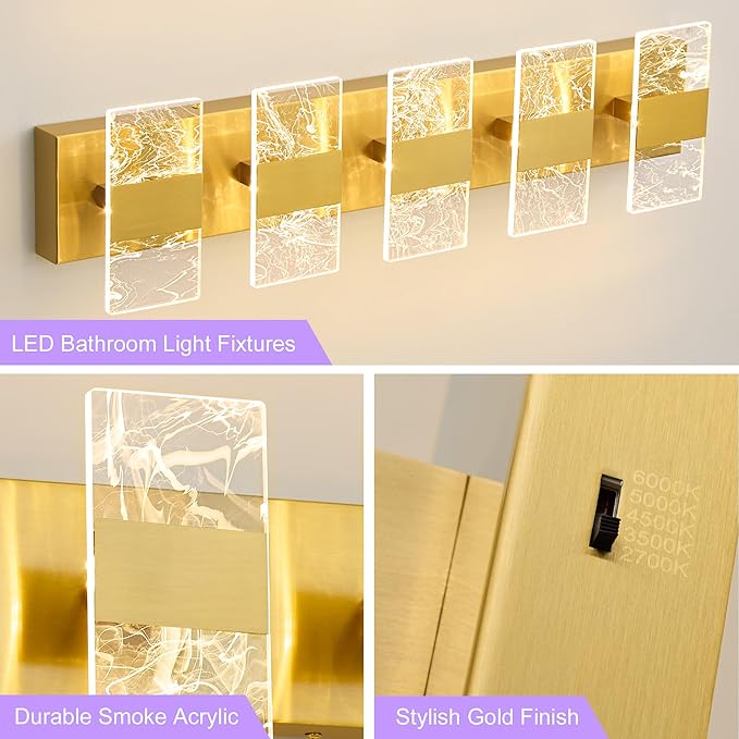Modern LED Bathroom Light Fixtures Dimmable 5-Light Gold Vanity Light, 5CCT Adjustable Lighting Fixture Vanity Lights Over Mirror, Smoked Acrylic LED Vanity Lights for Bathroom