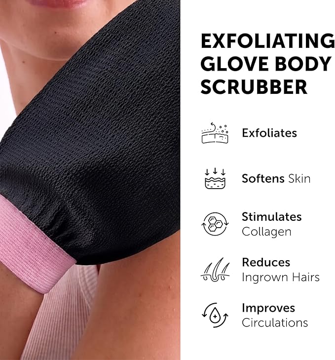 Valitic Exfoliating Glove Body Scrubber - Exfoliating Mitt Dead Skin Remover, Shower Face and Body Exfoliator - Korean Style Skin Scrubber Washcloth - Spray and Self Tan Remover, 1 Black with Pink