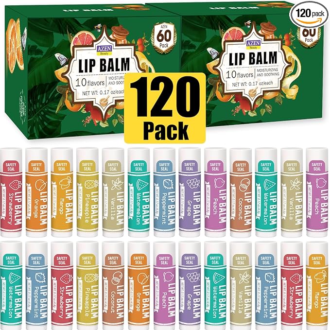 AZEN 120 Pack Lip Balm, Natural Lip Balm Bulk, Lip Care Product, Moisturizing Lip Balms for dry cracked lips, Mothers Day Gifts Easter Basket Stuffers - 10 Flavors