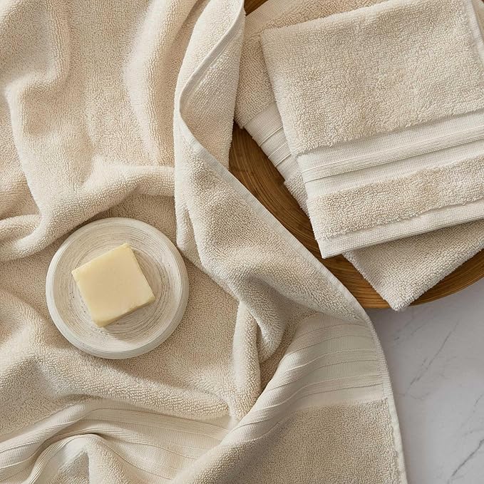 Martha Stewart - Bath Towels, Soft & Absorbent 100% Cotton Towels, Plush 700 GSM, 6-Piece Bathroom Towel Set with Textured Dobby Weave (Skyland Manor Beige)