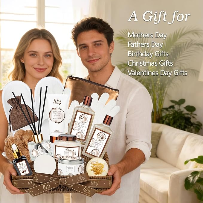 Mother's Day Gift Basket for Mom, Spa Gift Basket for Women, Gifts for Women, Coconut Vanilla Bath and Body Spa Gifts for Women & Men, Spa Gift Set Designed for Fathers Day, Birthday, Christmas Gifts