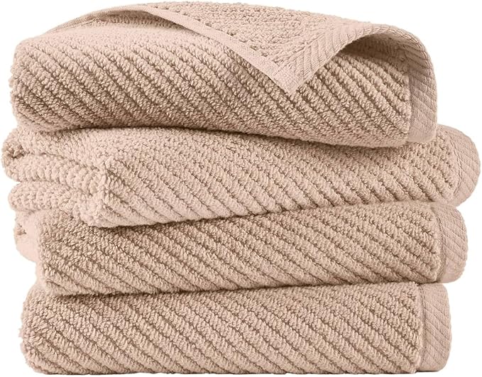 Madison Park 4-Piece Hand Towel Set for Bathroom 18" x 28" Diagonal Ribbed, Beige - 100% Cotton Soft Quick Dry & Absorbent Gift | Zero Twist, 500 GSM, Oeko-TEX, Hotel Quality