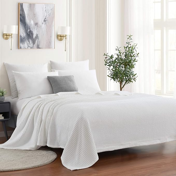 Sweet Home Collection 100% Fine Cotton Blanket Luxurious Weave Stylish Design Soft and Comfortable All Season Warmth, Full/Queen, Waffle Weave White(Pack of 1)