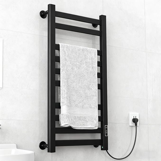 Verida Towel Warmer Rack, Heated Towel Rack for Bathroom, Wall-Mounted Plug (Not Hardwired), Aluminum Alloy, with Timer and Temperature Adjustment, Overheat Protection Function(Large Black)