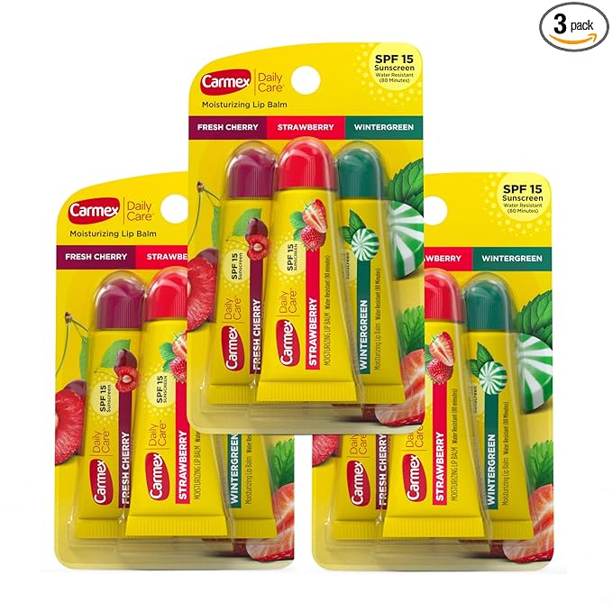 Carmex Daily Care Moisturizing Lip Balm Tubes with SPF, Fresh Cherry, Strawberry and Wintergreen Lip Balm Pack, 0.35 OZ - (3 Packs of 3)