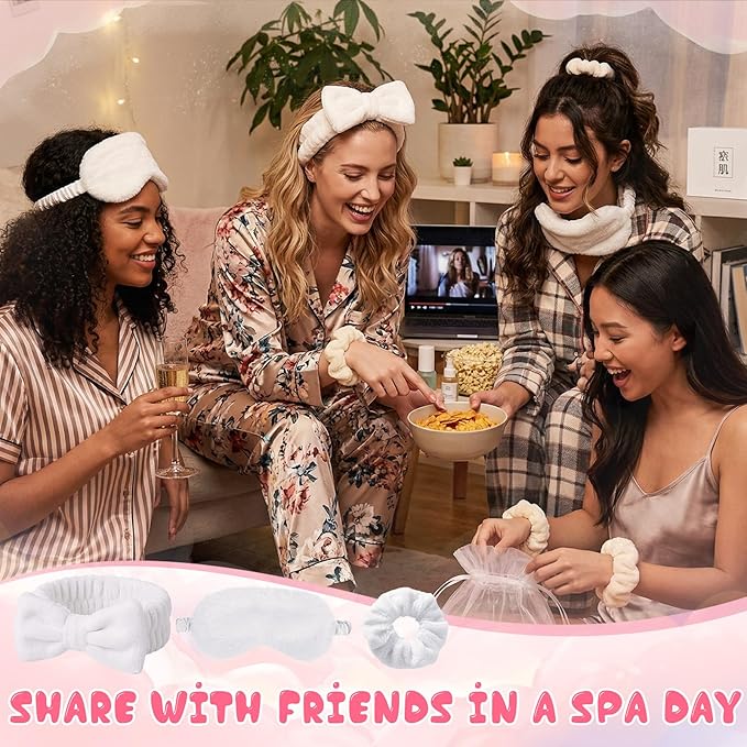 Mimorou 48 Pieces Spa Party Supplies Gift for Mother's Day 12 Spa Headband 12 Plush Sleep Eye Mask 12 Velvet Scrunchies 12 Organza Bags for Sleepover Slumber Party Graduation Gift(White)