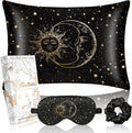 Miss Adola 1Pack Mulberry Silk Pillow Case for Hair and Skin Standard 26"x20" Silk Pillowcase with Eye Mask & Scrunchie Soft Silk Pillowcase Sleeping for Women, Wife, Female - Black Sun Moon