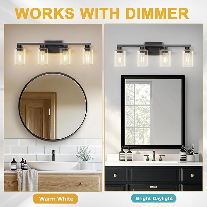 L LOHAS LED 4 Light Bathroom Light Fixtures, Black Vanity Lights for Bathroom, Vanity Lights for Mirror Bedroom Hallway